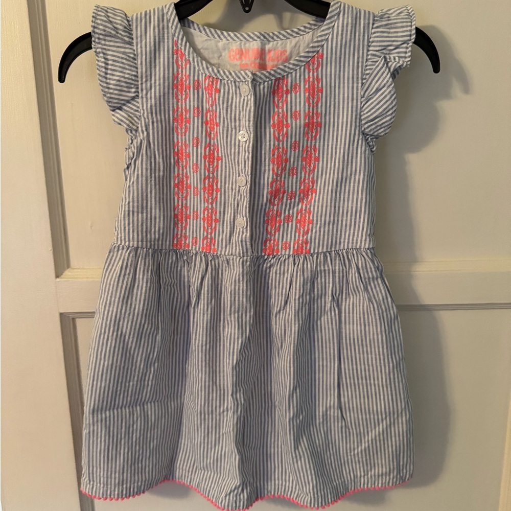 Genuine Kids Striped Blue & Pink Embroidered Flutter-Sleeve Dress for Girls